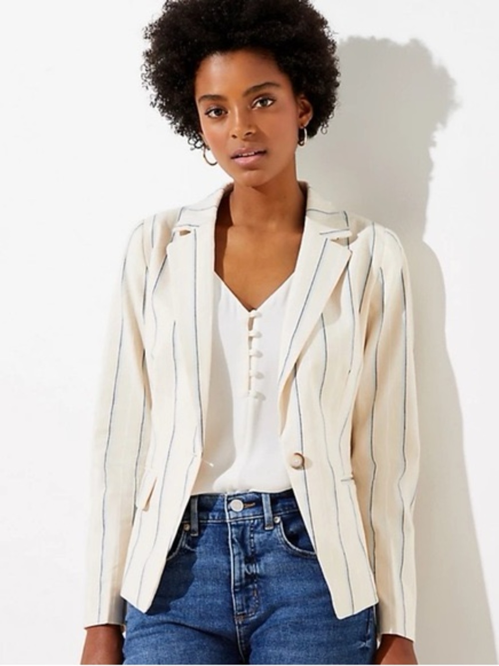 LOFT Cream Blazer with Navy Pinstripes